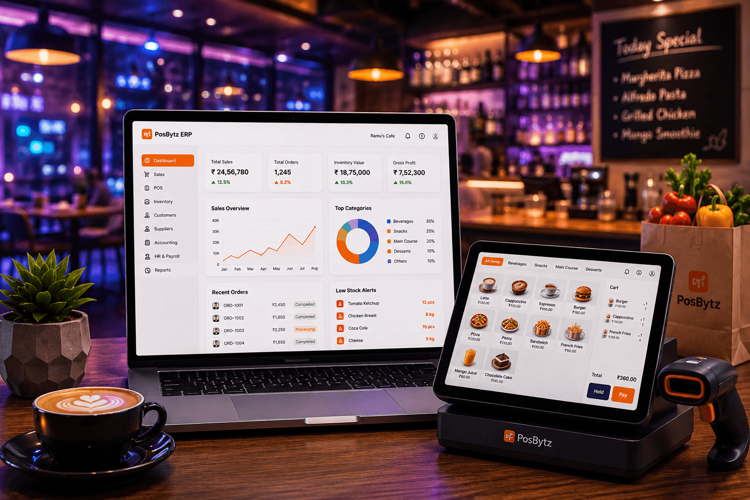 لوحة تحكم بوزبايتز ERP على لابتوب مع جهاز نقاط بيع — في مقهى