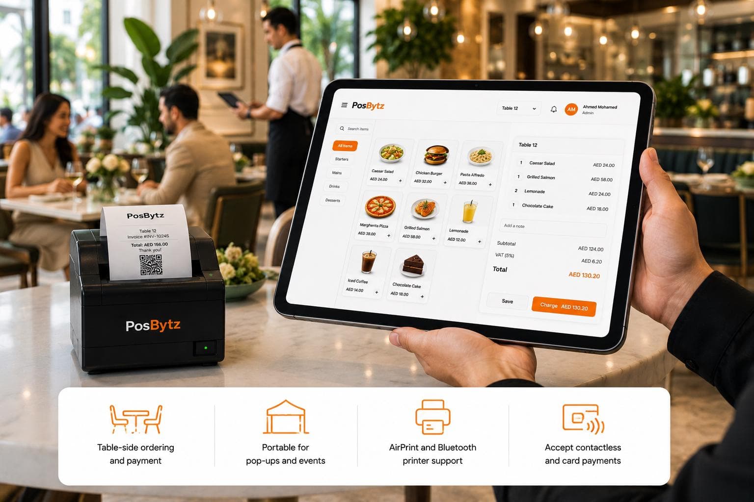 iPad POS system used for mobile ordering and payment processing at a customer table.