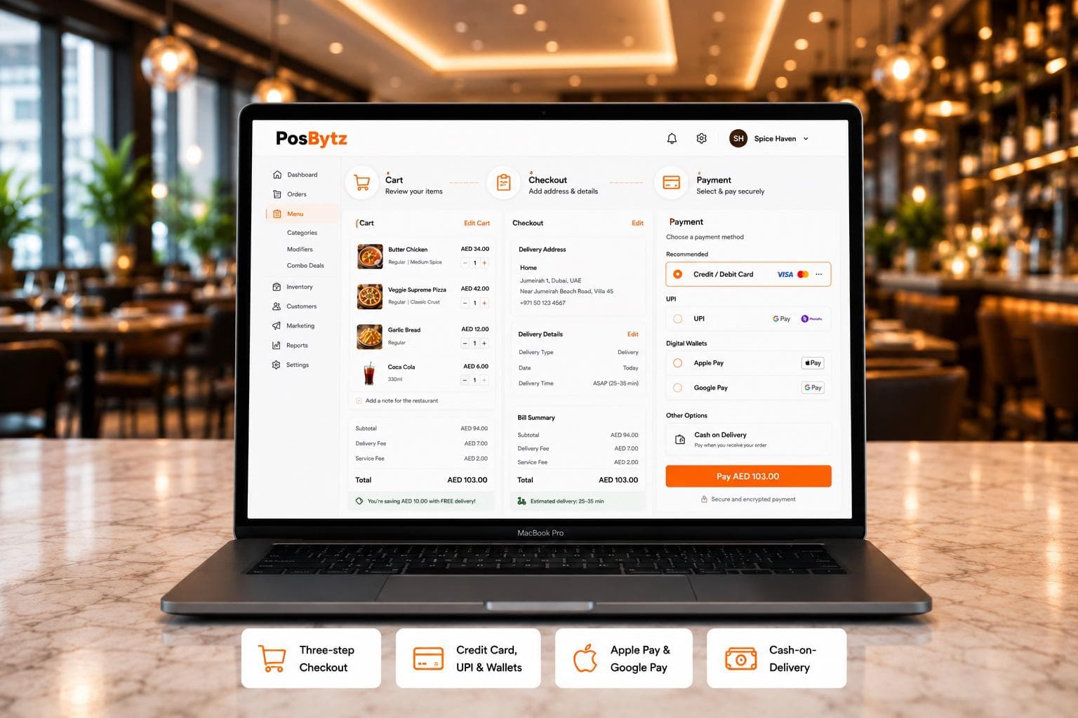 Frictionless food ordering checkout with multiple payment options