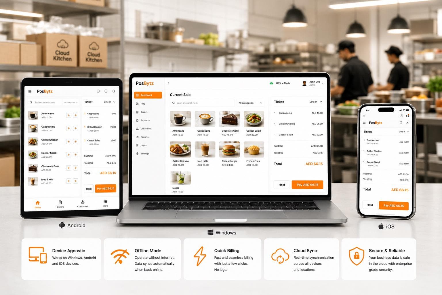 iPad POS system with touchscreen navigation, offline billing, and seamless operation on iPads and iPhones.