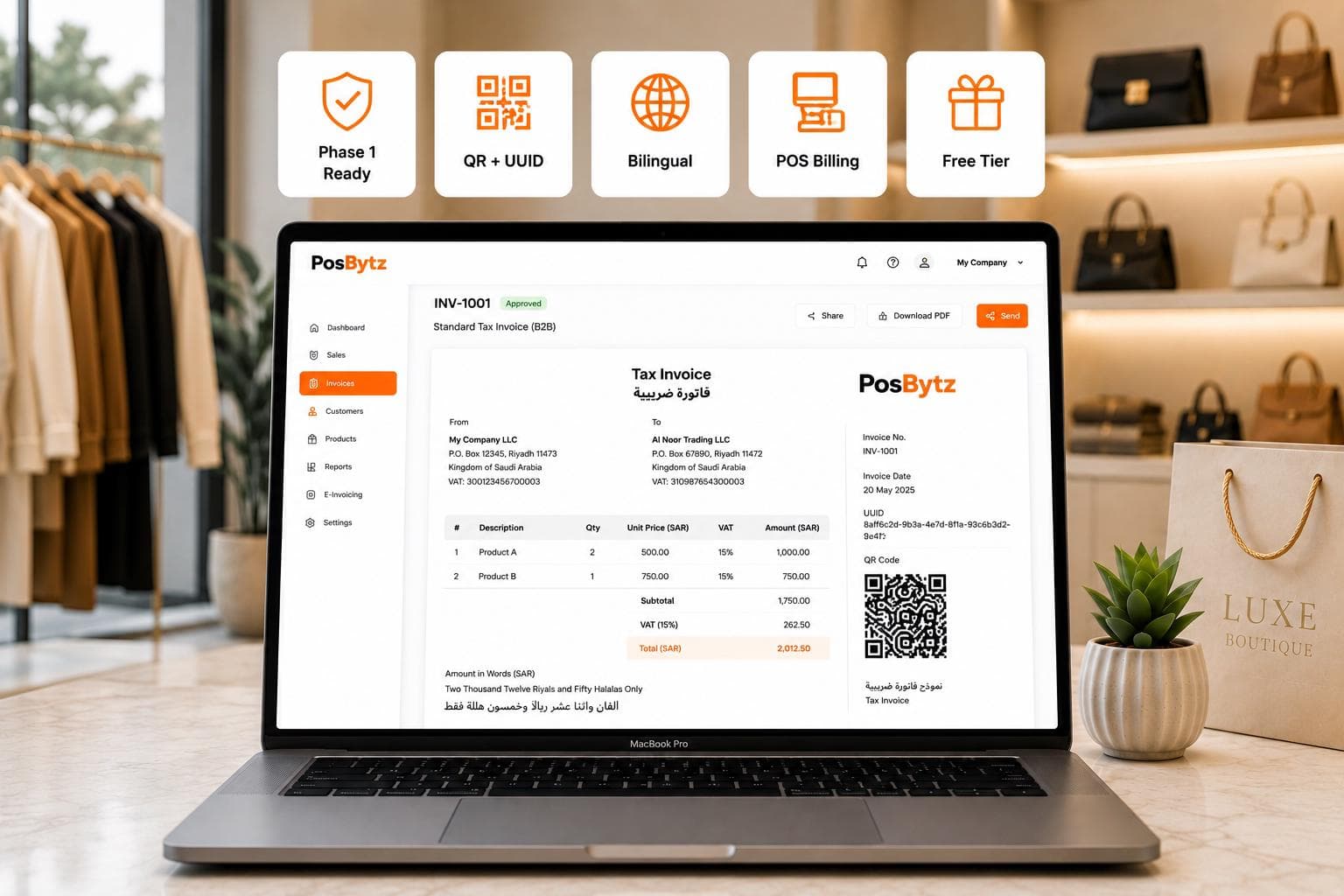 Free ZATCA Phase 1 e-invoicing software with QR codes, UUID invoices, bilingual support, and POS billing