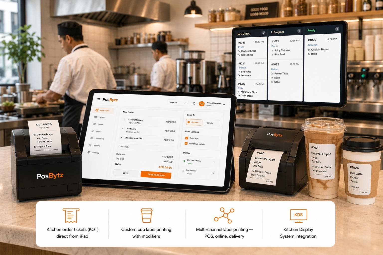 iPad POS integrated with kitchen printers and Kitchen Display System for order management.