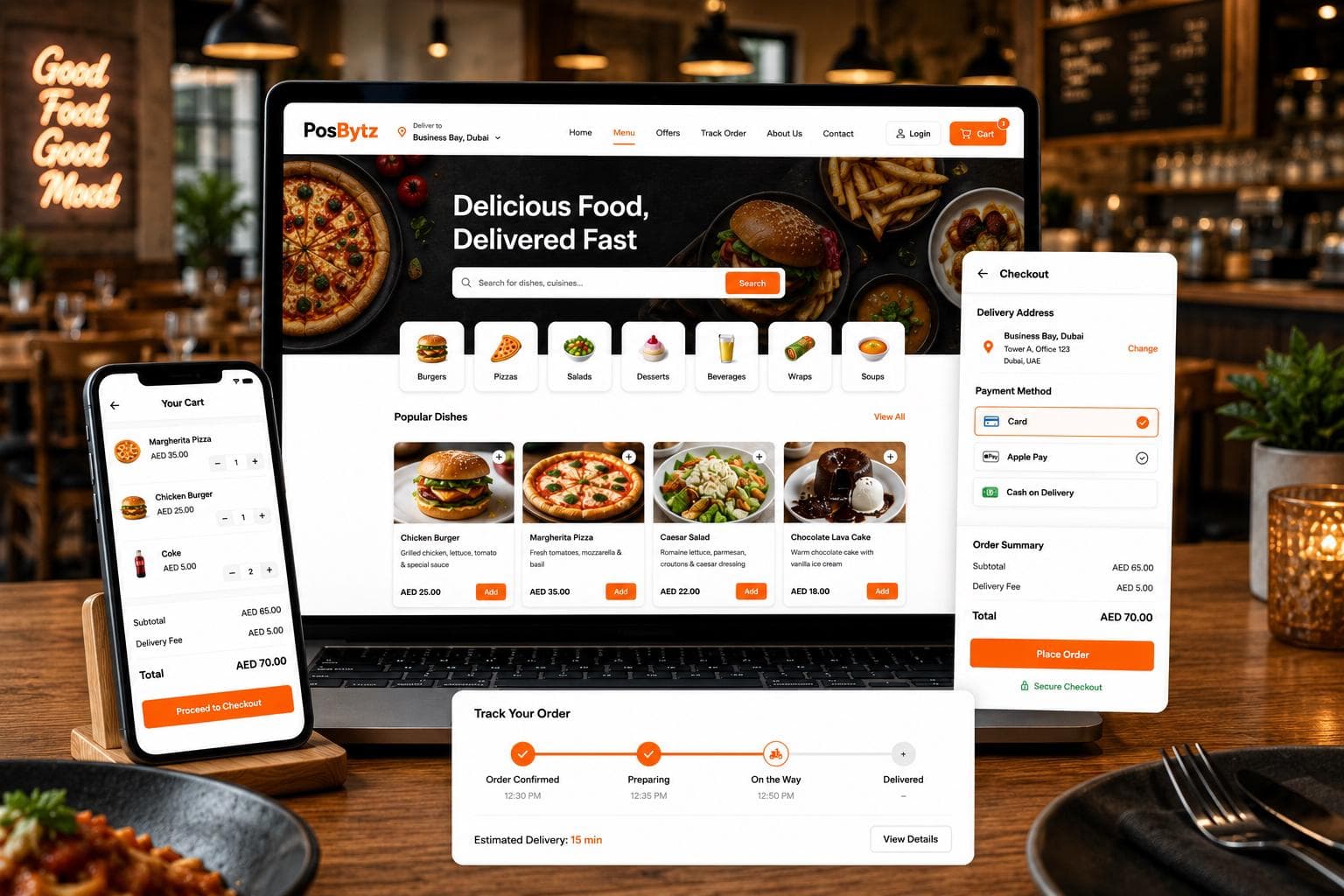 Online food ordering dashboard with menu, checkout, and order status tracking