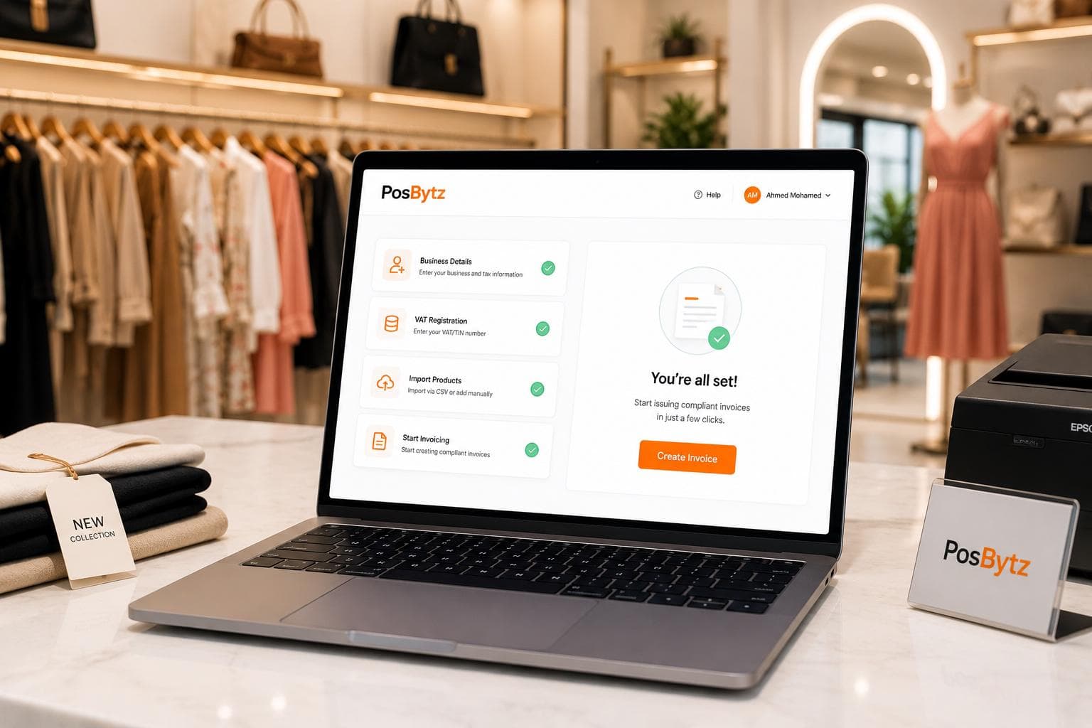 Simple ZATCA e-invoicing setup with VAT registration, product import, and instant compliant invoice generation