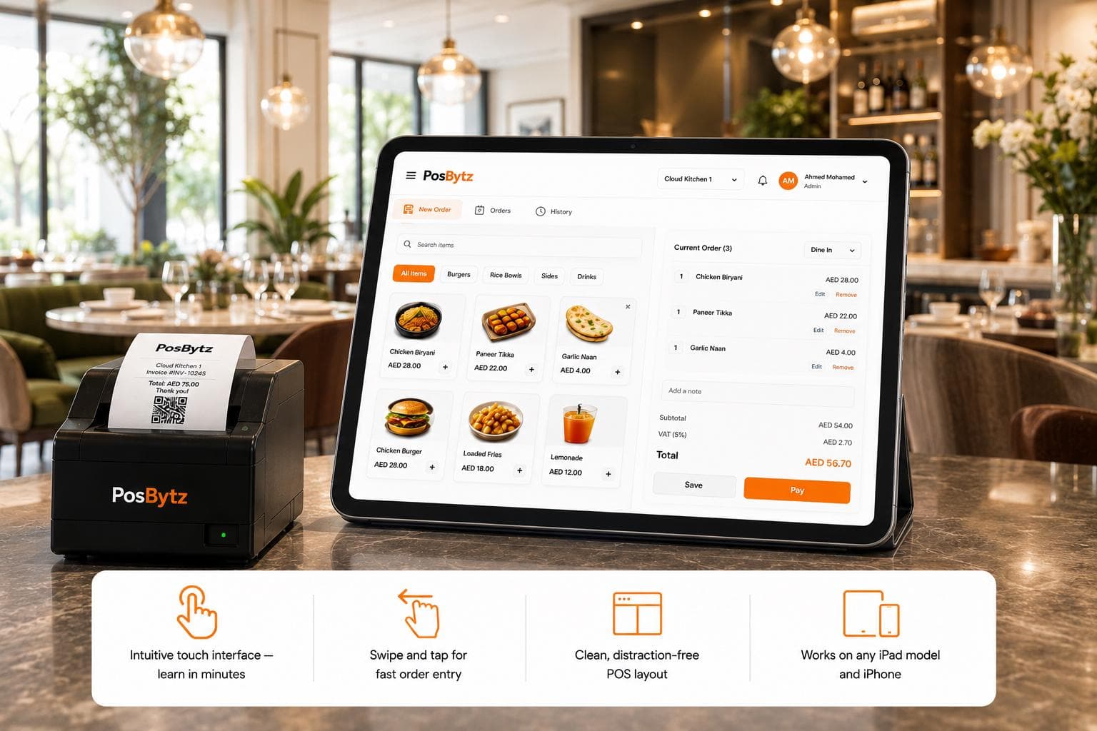 iPad POS interface with intuitive touchscreen navigation, swipe gestures, and fast order entry.