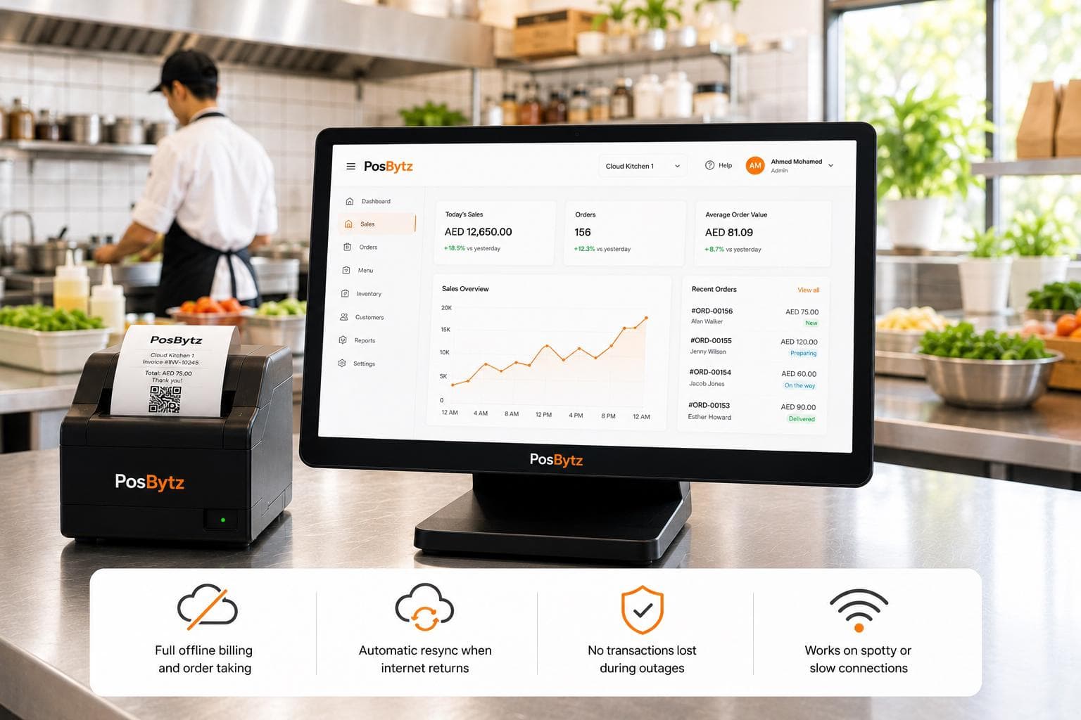 Offline-capable POS system ensuring uninterrupted billing and order management.