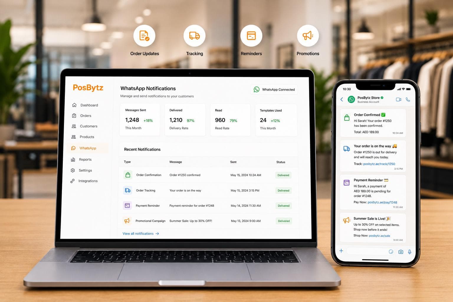 WhatsApp notifications for order confirmations, delivery tracking, payment reminders, and promotional campaigns