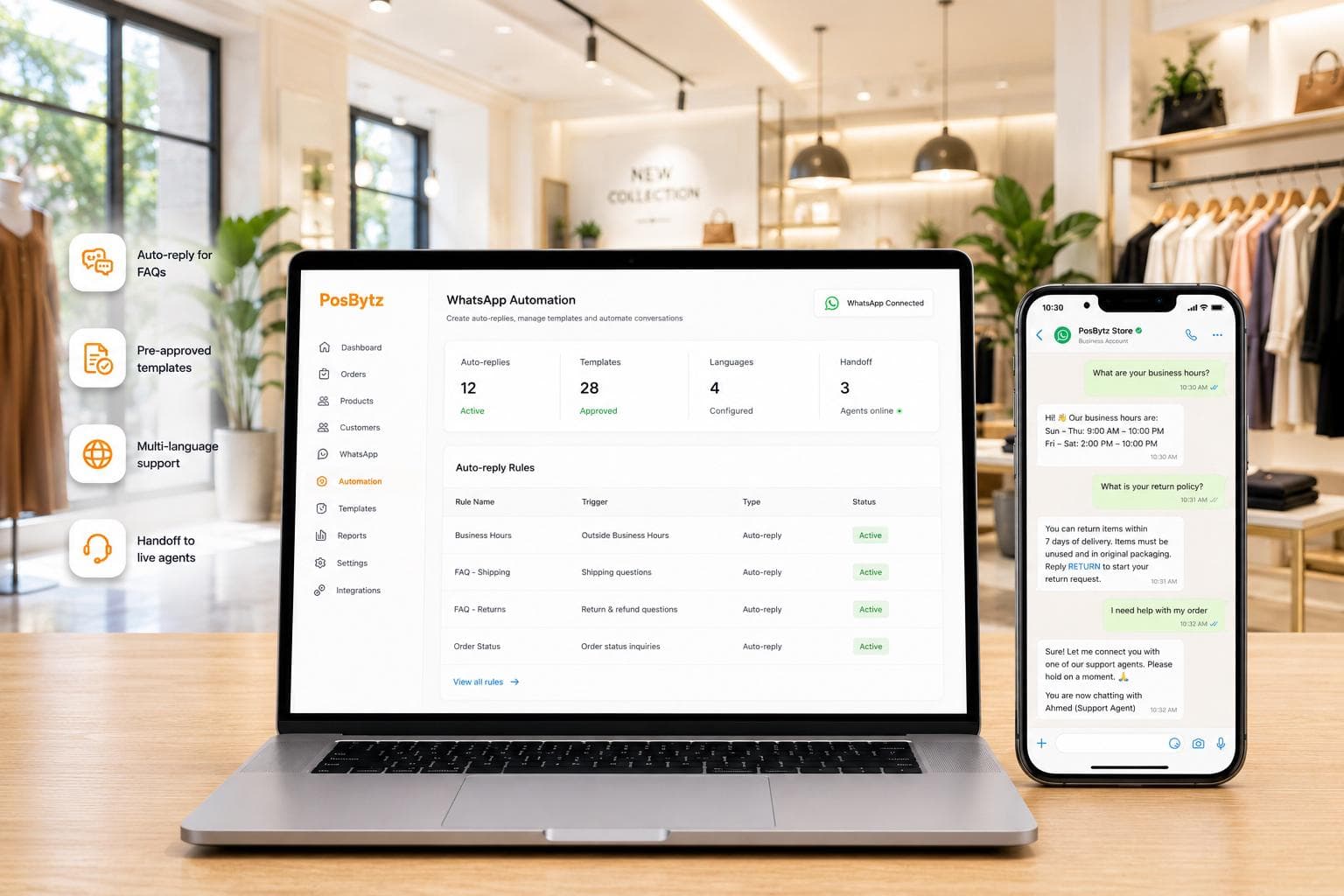 WhatsApp automation with auto-replies, FAQ bots, multilingual support, and live agent handoff