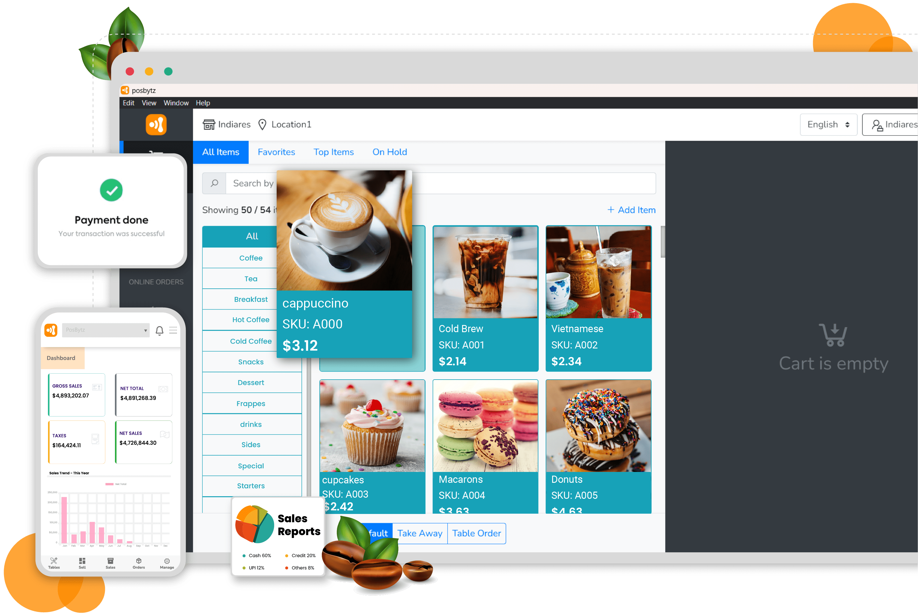 Cafe POS software billing screen